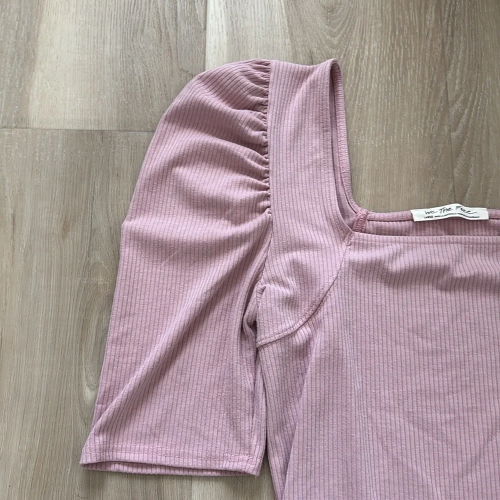 Free People Mauve Pink Ribbed Square Neck Puff Sleeve Top